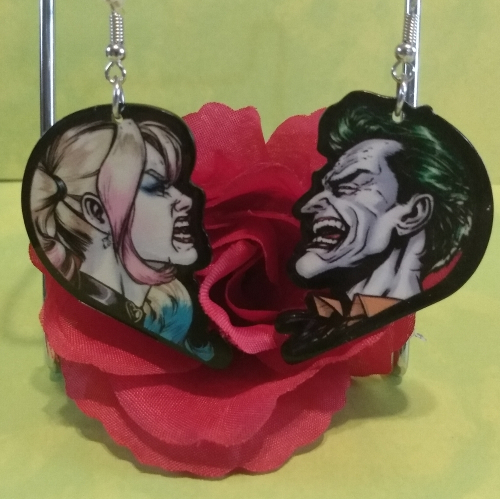 Harley Quinn Joker Comic DC Batman Large Heart Earrings